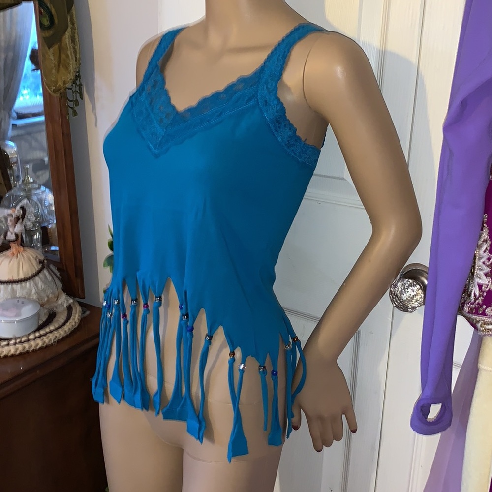 Hand beaded fringe turquoise teal tank top Upcycled and unique ooak  S M